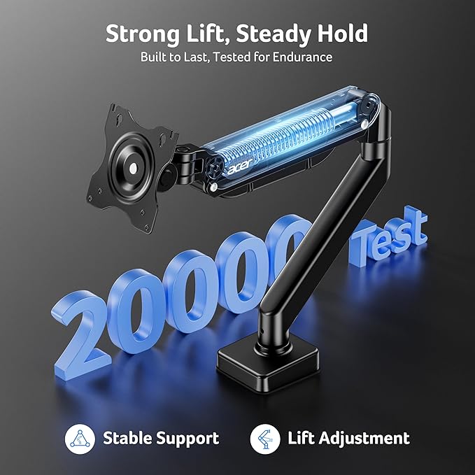 Acer Single Monitor Mount, Fully Adjustable Monitor Arm Fits 17 to 34 Inch Screens, Gas Spring VESA Mount with C-Clamp & Grommet Base, Computer Desk Arm with Tilt Swivel Rotate Supports 4.4-19.8 lbs