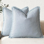 Foindtower Set of 2 Decorative Linen Fringe Throw Pillow Covers Boho Farmhouse Cushion Cover with Tassels Soft Accent Pillowcase for Couch Chair Sofa Bed Living Room Home Decor,16×16 Inch,Sky Blue