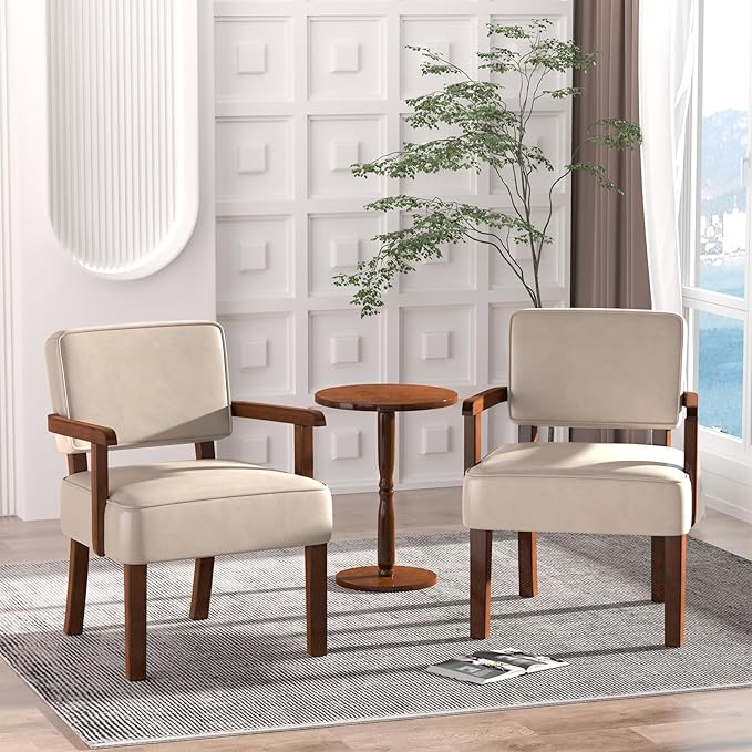 Accent Chair Set of 2 with Table, PU Leather Chair for Living Room Oversized Armchair with Soft Seat and Armrests for Bedroom Dinning Reading Waiting Room (Leather Beige)