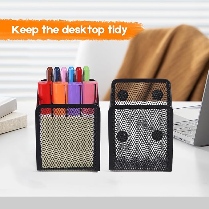 Ameceres Magnetic Pencil Holder - Extra Strong Magnets Mesh Marker Holder Perfect for Whiteboard, Refrigerator and Locker Accessories (1 Basket, 2 Packs Black)