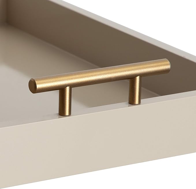 Kate and Laurel Lipton Mid Century Modern Decorative Wood Tray with Brushed Gold Metal Handles, Sand Brown