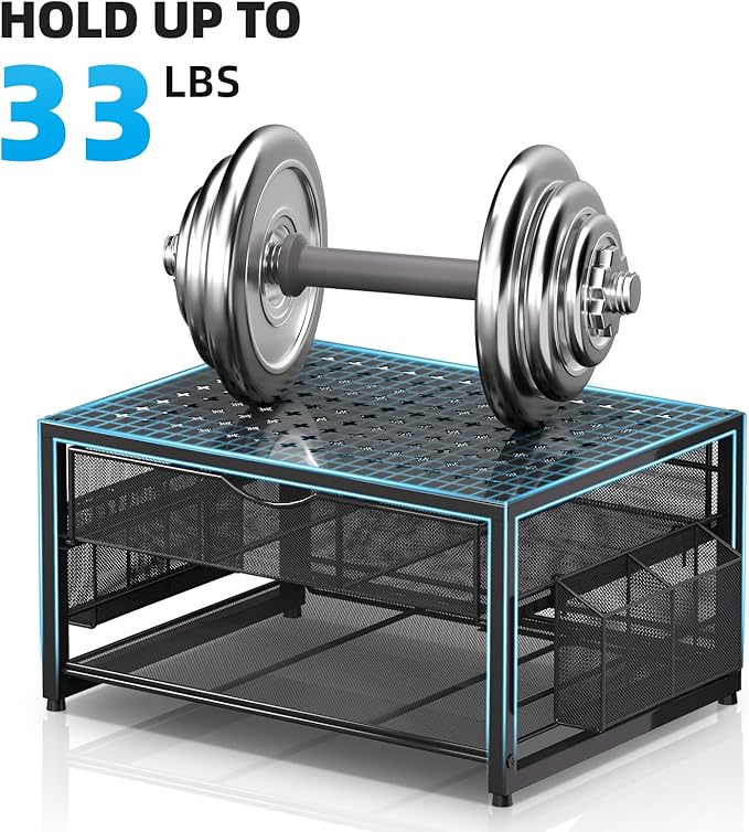 Marbrasse Metal Printer Stand for Desk with Storage Drawer and 2 Pen Holders, 2-Tier Desktop Organizer Printer Table for Home Office, Multi-Purpose Desk Organizer for Fax Machine Scanner Files(Black)
