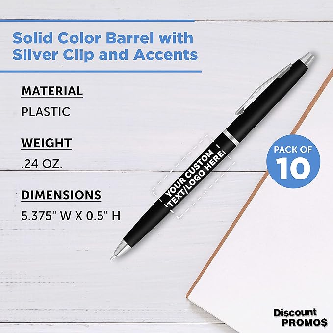 DISCOUNT PROMOS Custom Langham Ballpoint Pens Set of 10, Personalized Bulk Pack - Black Ink, Great for Office, School, Business, Tradeshows - Black