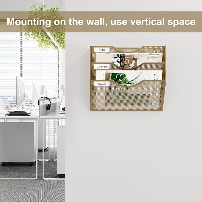 EasyPAG 3 Pocket Mesh Wall File Organizer, Hanging Paper Folder Holder with Classify Label, Vertical Wall Mount Mail Organizer for Office Home Classroom, Gold
