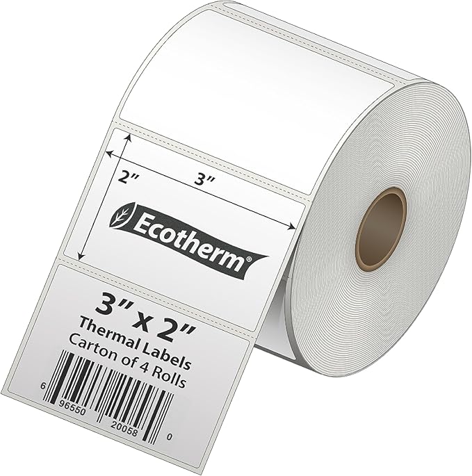 3" x 2" Thermal Labels | 4 Rolls | 2940 Labels | fits Zebra, Munbyn, Rollo, Godex, Arkscan, iDPRT, Offnova Thermal Label Printers and More | Blank White Adhesive Stickers by Ecotherm