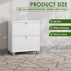 METAN Upgrade 2 Drawers Lateral File Cabinet on Wheels,Steel Office Filing Storage Cabinet with 2 Locks,White,Assembly Required