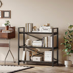 Homeiju 3 Tier Bookshelf 31.49" Width, Wood and Metal Etagere Bookcase, Vintage Farmhouse Modern Wooden Big Book Shelf for Home Living Room Bedroom Office Storage(Black)