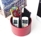 Hennaja Round Leather Art Supply Organizer,Remote Control Holder,360 Degree Spinning,Multi-Functional Pencil Holder,4 Compartments Desktop Stationary Organizer(1-Oil Red)