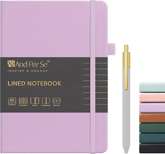 A5 Lined Leather Journal and Pen Set, Hardcover Notebook with Pen, 160 Pages 100gsm Thick Ruled Paper for Men Women, for Work, Business, School or Home Writing, 5.7'' x 8'' (Purple-Set1)