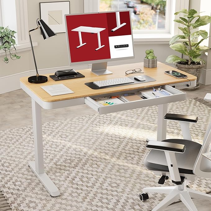 SANODESK Standing Desk with Drawer, Electric Height Adjustable Home Office Desk with Storage & USB Ports, 48 inch Maple Wood Tabletop/White Frame