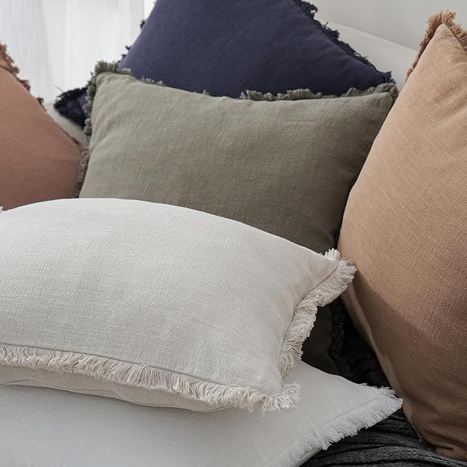 Foindtower Set of 2 Decorative Linen Fringe Lumbar Throw Pillow Covers Boho Farmhouse Cushion Cover with Tassels Cozy Accent Pillowcase for Sofa Couch Living Room Home Decor,12×20 Inch,Natural Beige