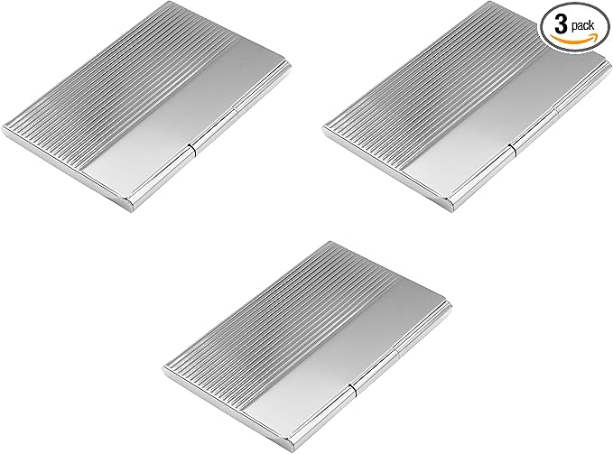 Stephanie Imports Set of 3 Slim & Minimalist Metal Business Card Holder Unisex Case (Silver Ridges Quarter)