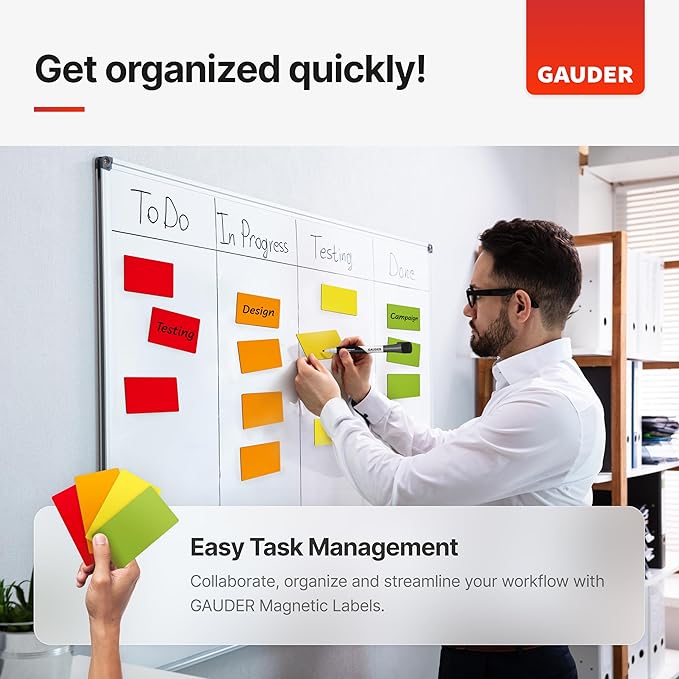 GAUDER Magnetic Labels Writable - Reusable Magnet Tags for Whiteboard, Chalkboard, Kanban Board and Refrigerator - Magnet Cards with Marker (90 Pack - 3 x 1 Inches)