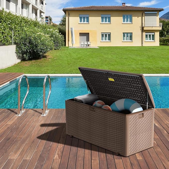 Yardgrace 180 Pro Gallon Deck Box,Outdoor Storage Box Lockable,Waterproof for Patio Furniture, Garden Tools, Pool Accessories, Package Delivery Boxes For Outside, Brown