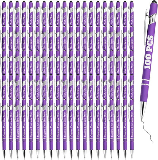 Personalized Pens Bulk 100 with Name Custom Engraving Ballpoint Pens with Stylus Tip Customized Smooth Writing Pens Personalized Gifts for Anniversary Birthday or Graduation(Purlpe,Black Ink)