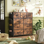 WLIVE Fabric Dresser for Bedroom with 10 Drawers, Chest of Drawers with Side Pockets and Hooks, Sturdy Metal Frame, Drawers Organizer Unit for Living Room, Hallway, Rustic Brown Wood Grain Print