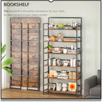 4NM No Assembly Extra Wide 6 Tiers Folding Bookshelf Storage Shelves Vintage Bookcase Standing Racks Study Organizer Home Office (Rustic Brown Black)