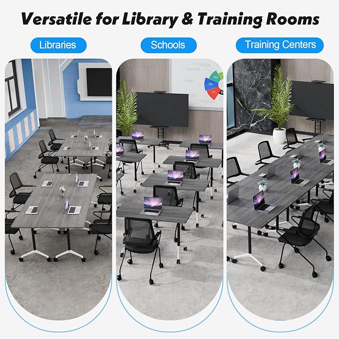 Goakwwuz Conference Room Table, Folding Conference Tables,Thicken Grey Tabletop,Flip Top Wooden Seminar Meeting Room Table for Conference Room Offices (2, Grey, 70.8”)