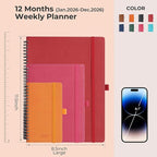 IN-LUXPRO Planner 2026 Daily Weekly and Monthly,11.5"x8.5",12 Months Spiral Bound Calendar Agenda with Self-adhesive Pen Holder,2026 Appointment Book with Vegan Leather Soft Cover,Rose Red