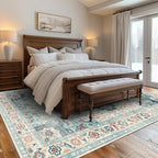 GENIMO 9x12 Area Rugs for Living Room, Machine Washable Non Slip Rugs, Low Pile Lightweight Vintage Print Rug for Bedroom, Dining Room, Home Office, Cyan/White