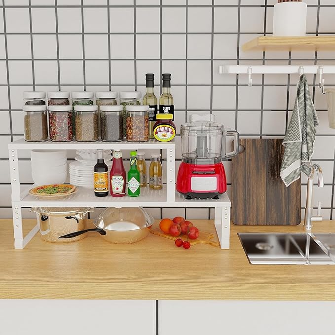 Jojocross Expandable Cabinet Shelf Organizer Storage Spice Rack Shelves for Kitchen Stackable Adjustable Pantry Cupboard Bathroom Countertop Desktop(2Packs/White/Medium-with Hole)
