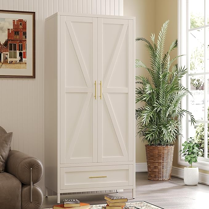SUPEER Metal Wardrobe Cabinet with 1 Drawer and Hanging Rod, 70.9" H Metal Closet Cabient with Adjustable Shelf for Bedroom, Laundry Room, Home,Office,Installation Required,White