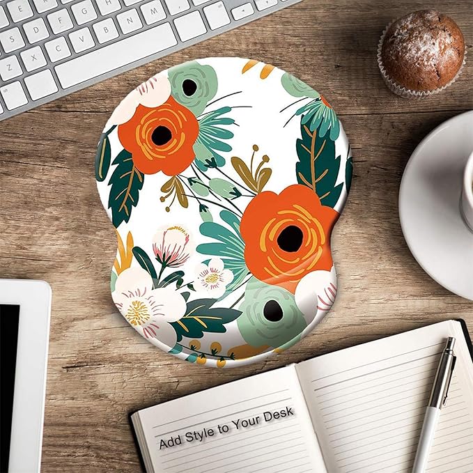 ITNRSIIET Ergonomic Mouse Pad with Gel Wrist Support Small Wrist Rest Smooth Surface Non-Slip PU Base Comfortable Office Supplies Pain Relief, 8.7 x 7.2 inches, Orange Flower