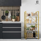 CAPHAUS 4 Tier Bookshelf, Bookcase Shelf Storage Organizer, Living Room, Kitchen, 24 Inch Width Free Standing Shelf, Industrial Book Shelves for Home Office, White Wooden Shelves & Gold Frame