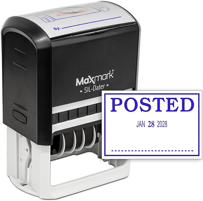 MaxMark Large Self-Inking Rubber Date Office Stamp with Posted Phrase & Date - Blue Ink, 12-Year Band - Style 3