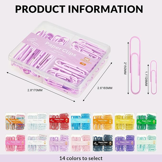 NEEWAY Colorful Paper Clips Assorted Sizes, Small and Large Paperclips, 210 Count, 3 Pack of 70 (Light Purple)
