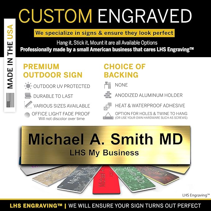 Personalized Name Plate with Choice of Mounting for Walls, Doors, Desk Holders, Cubicles, Hanging and More - Custom Brushed Brass Plastic Black Letters - USA Made 2x8 - M6