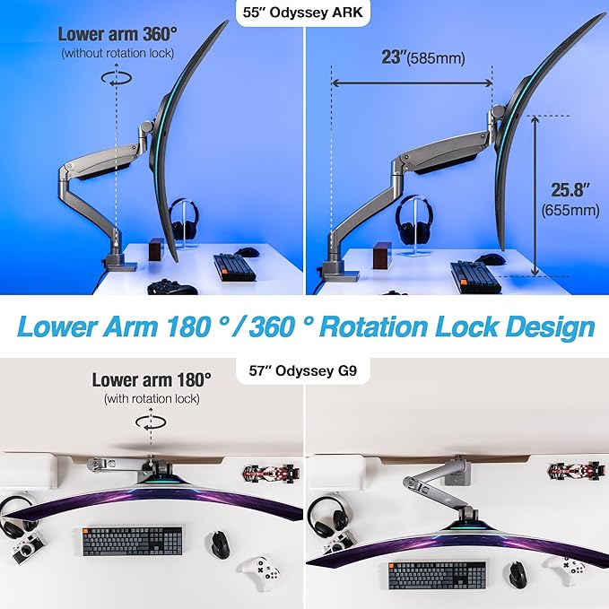 AVLT Single 17"-57" Super Ultrawide Monitor Arm for Screens Up to 59.5 lbs, Premium Aluminum Desk Stand, Adjustable Pneumatic Height, Full Motion Swivel Tilt Rotation, USB-C & USB-A Ports, Gray