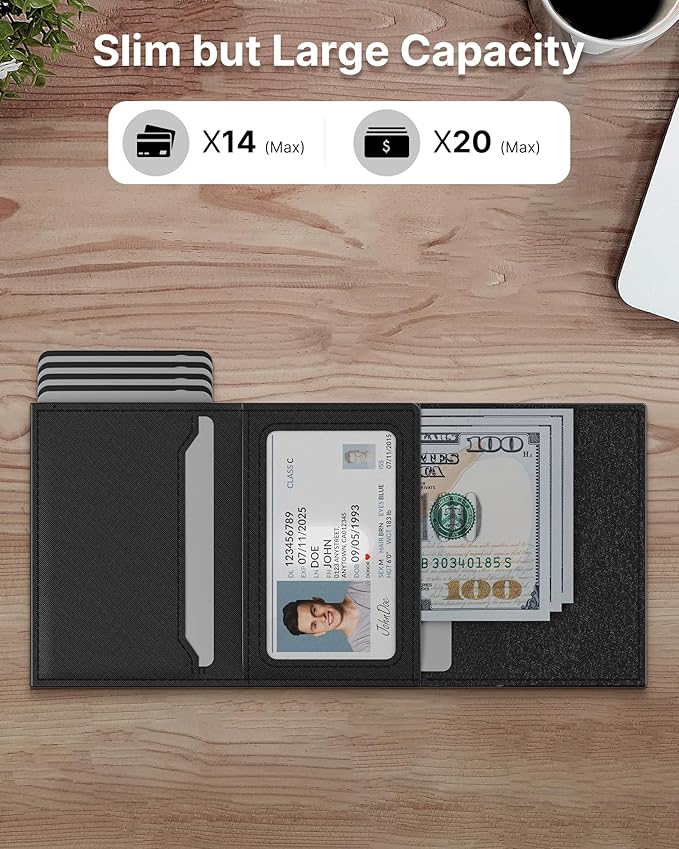 typecase Mens Wallet Card Holder: Pop Up Aluminum Case, Genuine Leather, Smart, RFID Blocking, Slim, Minimalist, Front Pocket - 9-14 Card Capacity | ID Window | Cash Slot (Cross Black)