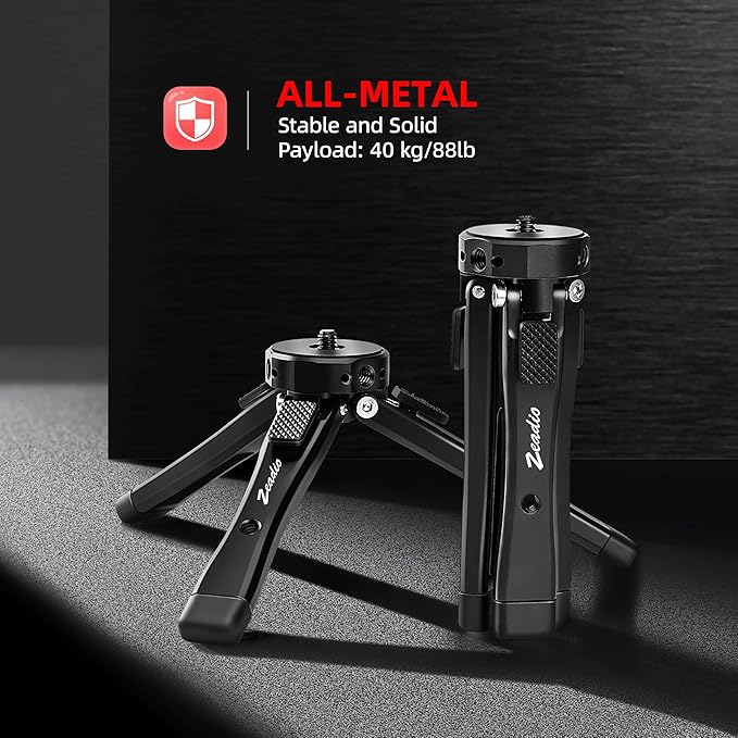 Zeadio Heavy Duty Mini Metal Tripod Stand - Universal Small Table Tripod for Camera, Gimbal, Action Cam, Camcorder, Microphone, LED Light, etc(40kg/88lb Load)