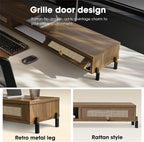 Fenge Dual Monitor Stand for Desk - Long Wooden Riser With Rattan Woven Drawer, 2 Tier Desk Shelf for 2 Monitors, Vintage Computer Stand for Laptop, Printer, TV