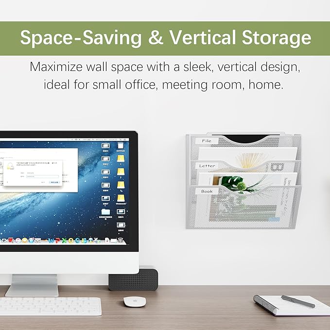 EasyPAG 3 Pocket Mesh Wall File Organizer, Hanging Paper Folder Holder with Classify Label, Vertical Wall Mount Mail Organizer for Office Home Classroom, White