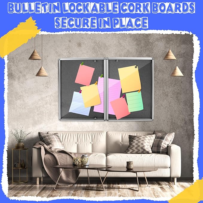 Enclosed Bulletin Board 48" x 36" Weather Resistant Lockable Notice Cork Display Board Wall Mounted 2 Locking Door for School Classroom Commercial Christmas, 12 x A4(Black, Silver Frame)