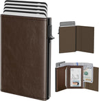typecase Mens Wallet Card Holder: Pop Up Aluminum Case, Genuine Leather, Smart, RFID Blocking, Slim, Minimalist, Front Pocket - 9-14 Card Capacity | ID Window | Cash Slot (Black Brown)