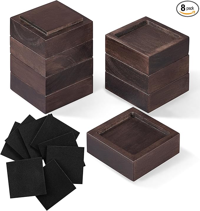 Bed Risers, Furniture Risers (Set of 8-Height 1") Can be Adjusted to 2'' 3''or 4'', Lifts Furniture Risers, Solid Natural Wood Risers, Non-Slip Recessed Hole (Square-Walnut Color)