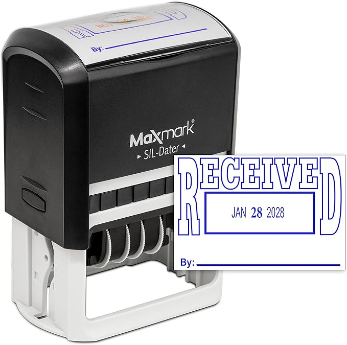 MaxMark Large Self-Inking Rubber Date Office Stamp with Received Phrase & Date - Blue Ink, 12-Year Band - Style 5