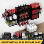 VDEVY Power Tool Organizer Wall Mount with Charging Station, Heavy-Duty Metal Garage Tool Storage Rack & 8 Outlet Power Strip, 51 Inch 3 Tier 8 Bin Shelves for Workshop Organization