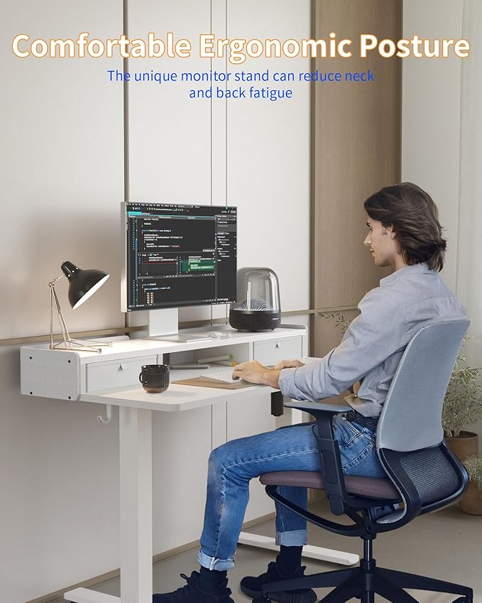YIHAYO Electric Standing Desk with Drawers, 48 x 24 Inches Adjustable Desk with Storage Shelf, Stand Up Desk with Splice Board, Computer Table for Home Office,White Frame/White Top