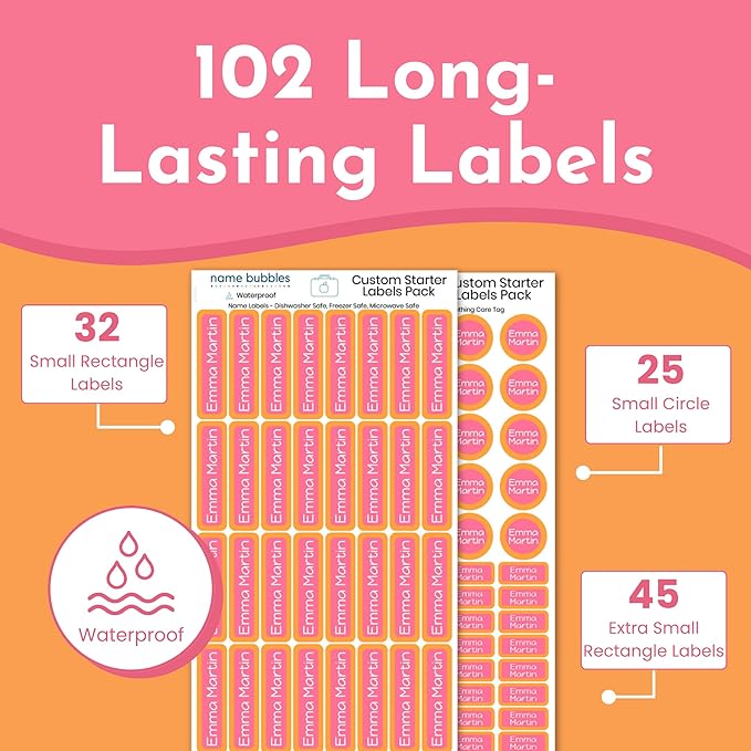 Name Bubbles - Basic Daycare Name Stickers for Kids (102 Count) - Personalized Waterproof Name Labels for School Supplies, Clothing Tags, Baby Bottles, All Ages - Washable Stick-On Labels (Simple)