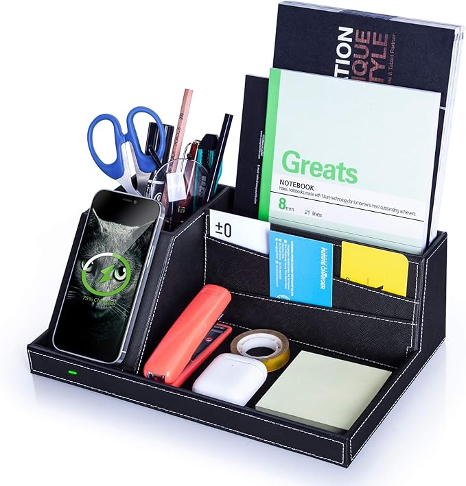 Valet Tray, Built in Wireless Charging Pad, Nightstand Organizer, Dresser Organizer, Mens Jewelry Box, Valet Charging Station, Faux Leather Valet Tray for Men and Women (Black+Wireless)