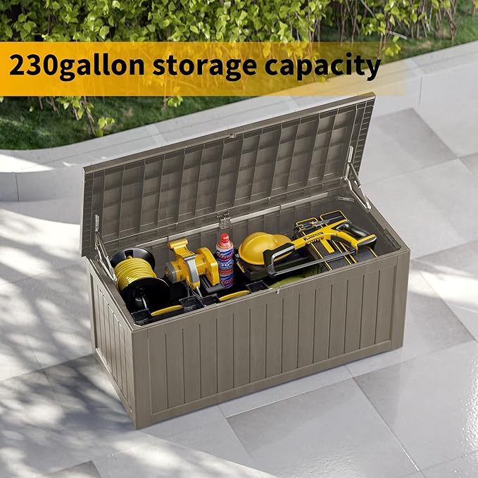 Decksplore 270 Gallon Outdoor Storage Box Waterproof Lockable Resin Deck Box Large, Patio Storage Bin for Pool Accessories Cushion Furniture, Garden Tools, UV-Resistant Outside Delivery Grey