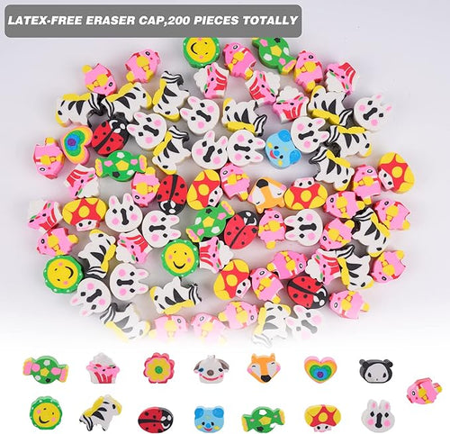 200 Pieces Cartoon Cute Animal Pencil Erasers Pencil Eraser Toppers Rabbit Zebra Mushroom Ladybug Pencils Caps for Students School Classroom Supplies
