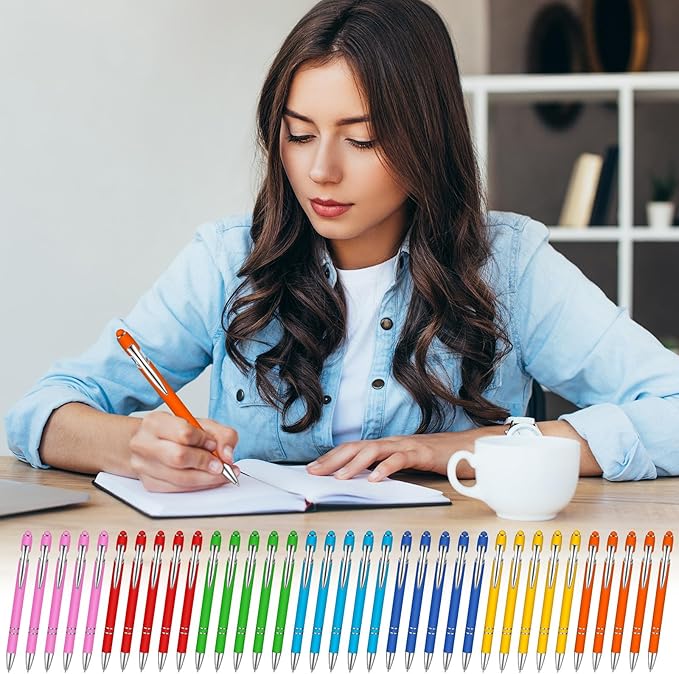 Zonon 38 Pieces Rubberized Ballpoint Pen with Stylus Tip Stylish Metal Pen Capacitive Styli with Soft Rubberized Grip, Black Ink for Most Devices(Chic Colors)