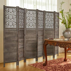 Svimi Folding Room Divider, 66.9 Inch 6 Panels Wood Carved Privacy Screens, Free Assembled Freestanding Portable Separation Wall for Home Office Restaurant Bedroom (Gray)