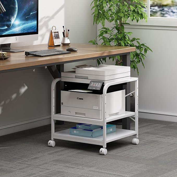 Fannova 20 Inches Deep Large Printer Stand, 2 Tier Under Desk Printer Table with Height Adjustable Shelf, Rolling Printer Cart with Wheels for Home Office Storage - White