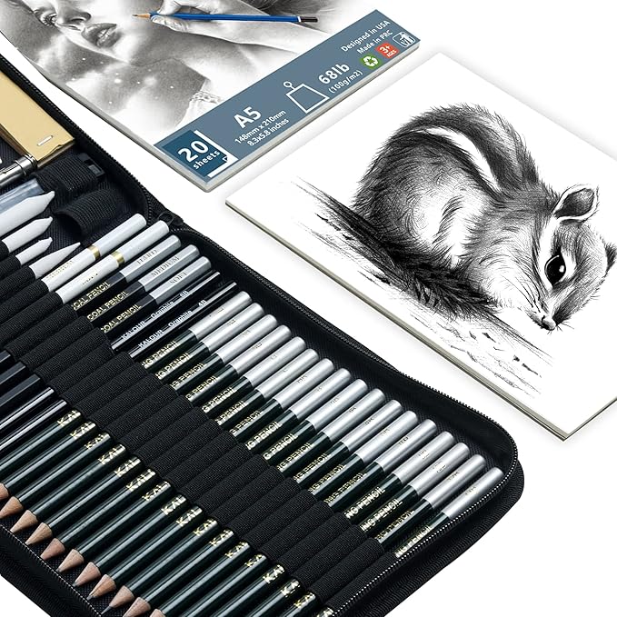 KALOUR 54-Pack Sketch Drawing Pencils Kit with Sketchbook,Include Graphite,Charcoal Pencils and Artists Tools,Pro Art Drawing Supplies for Adults Kids Beginners,ideal for Sketching Shading